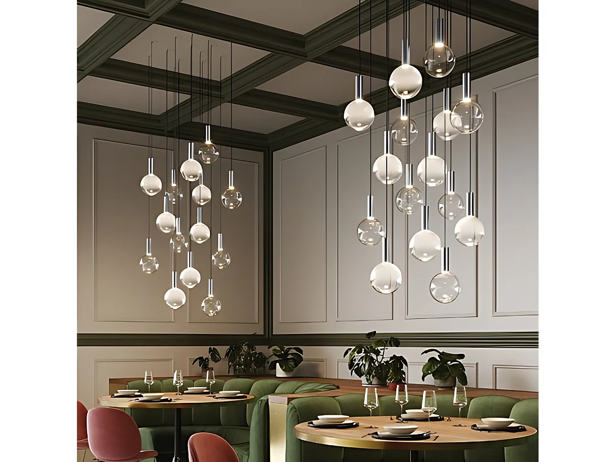 Zafferano pendellampe aluminiumskugle, blæst borosilikatglasdiffusor LED TRIAC 8W 3000K Diameter 18 cm, transparent sandblæst