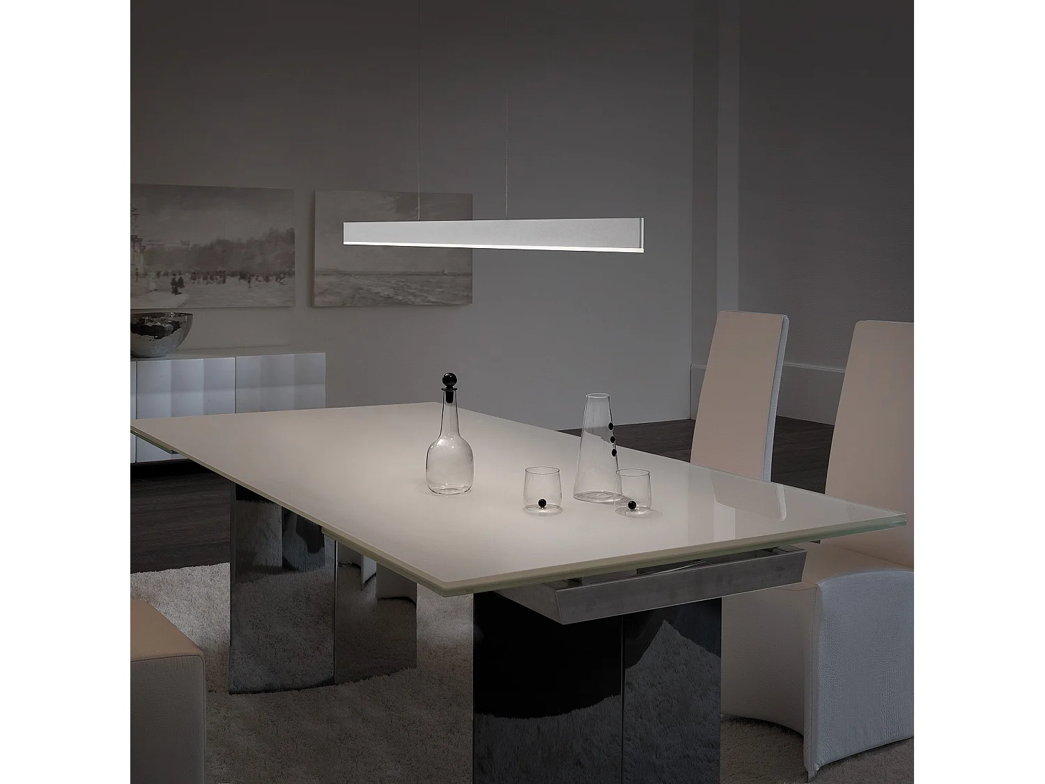 Lámpara colgante LED Riga 40W 3551 lúmenes 3000K Blanco mate Aluminio Difusor satinado Diseño lineal moderno para interiores 120x1x250 cm