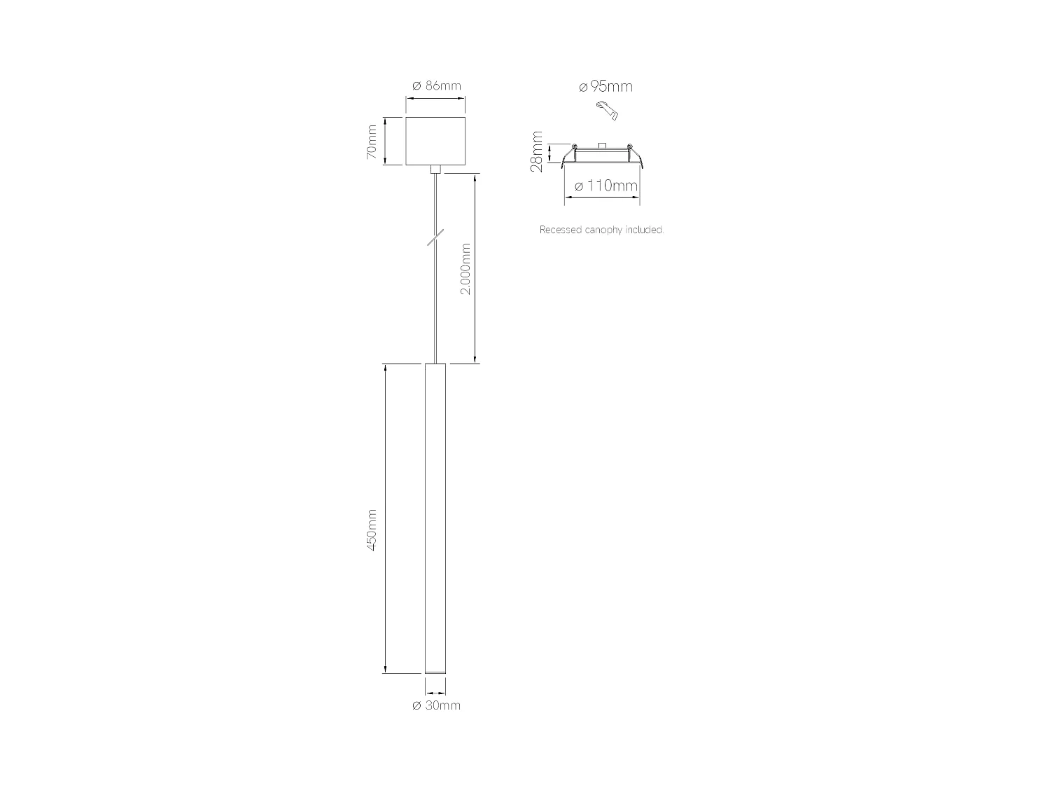 Atmos Slim XL LED-hanglamp 6W, kleurtemperatuur 2700K-4000K, Tuya Smart, matzwart, 45° optiek, inbouw- of opbouwmontage - Beneito