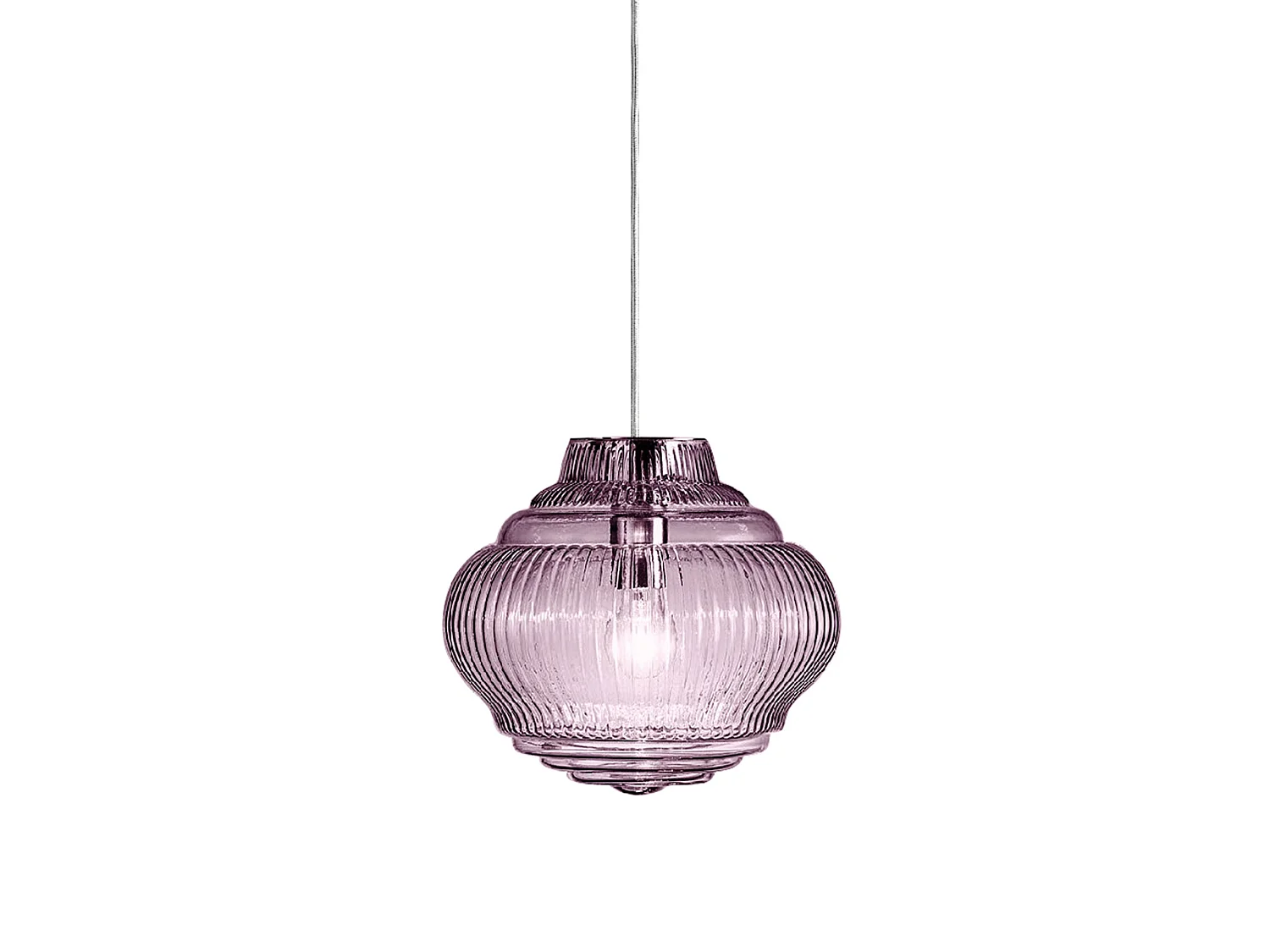 Candeeiro suspenso Bonnie Amethyst em vidro soprado com acabamento rigadin e estrutura em metal cinzento, diâmetro de 27,5 cm, design artesanal.
