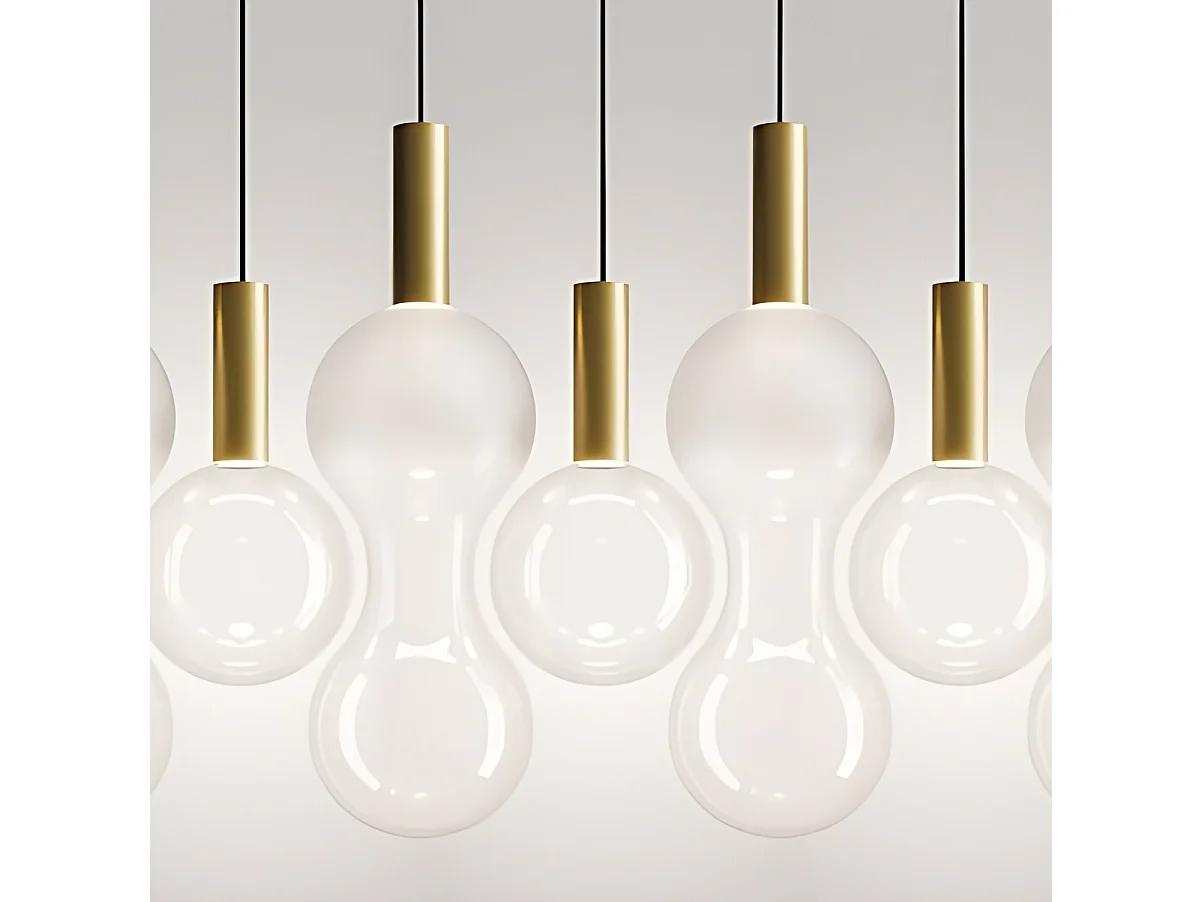 Zafferano Sfer'Otto pendellampe designet i mundblæst borosilikatglas, guld og transparent sandblæst finish, 8W LED, CRI 90, IP40