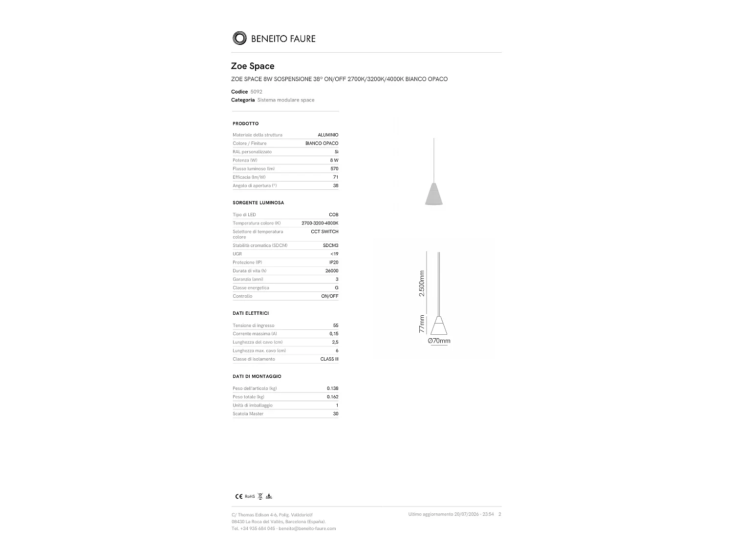 Beneito & Faure Zoe Space 8 LED pendellampe, 38° spot, afbryder, farvetemperatur 2700K/3200K/4000K, elegant mat hvid finish, designerlampe
