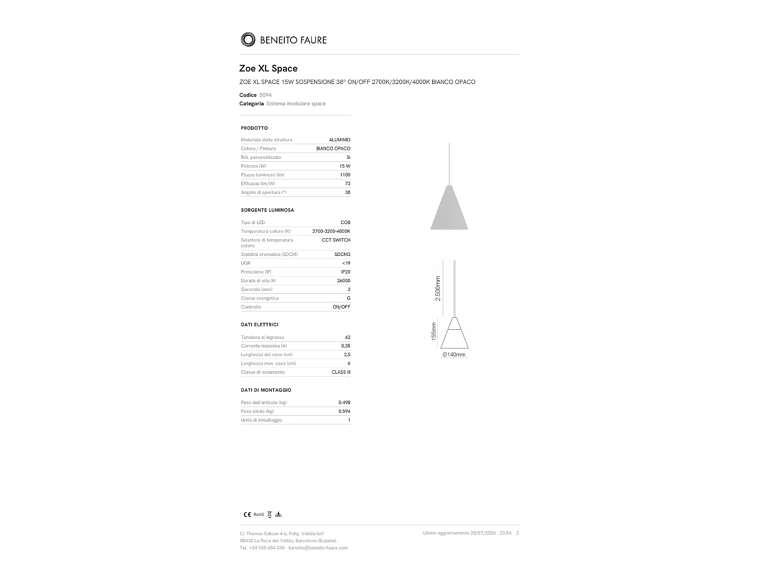 Beneito & Faure ZOE XL SPACE 15 pendellampe, 38° LED med afbryder, farvetemperatur 2700K/3200K/4000K, mat hvid overflade - elegant design
