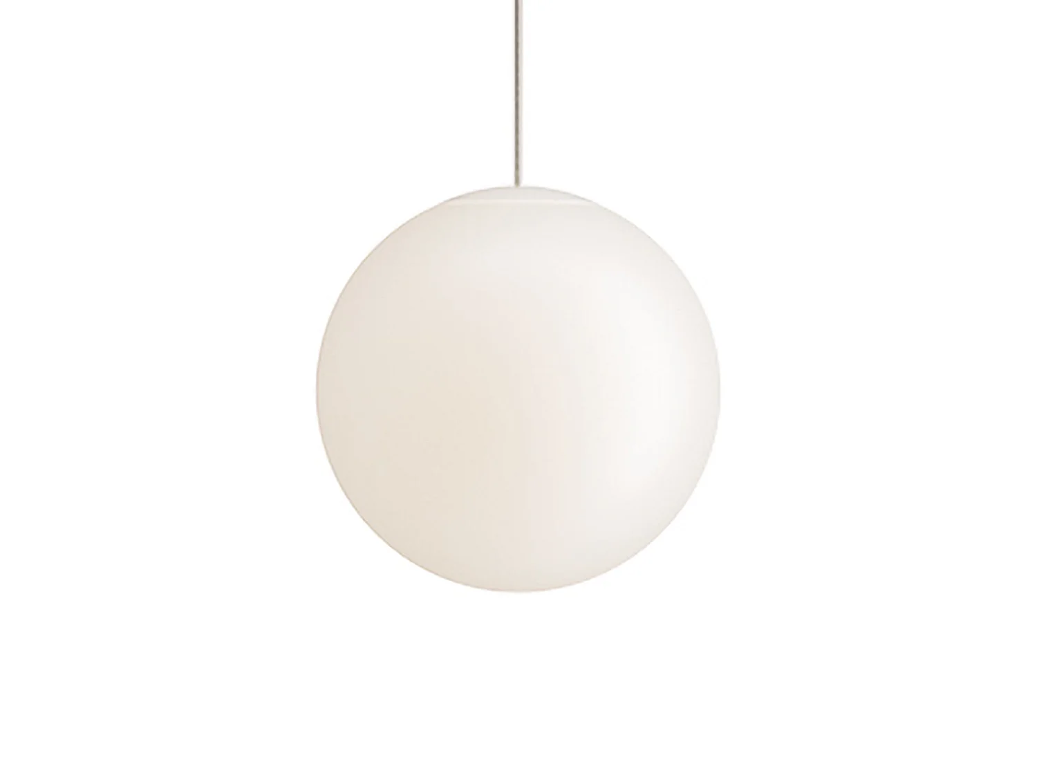 Sferis hanglamp, bolvormig, van satijnopaalglas met een frame van polycarbonaat, diameter 25 cm, totale hoogte 315 cm, minimalistisch design.
