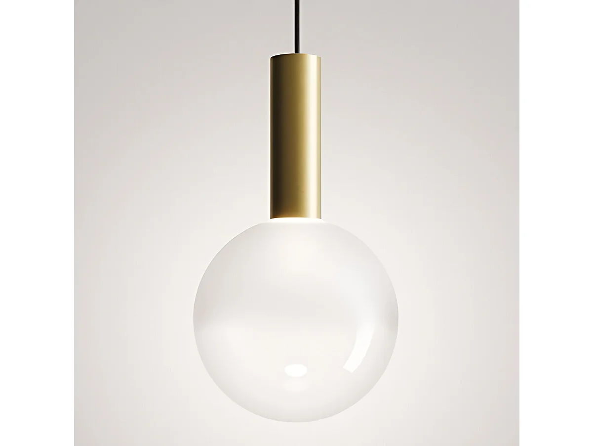 Zafferano pendellampe LED kugle 8W 3000K guld og mundblæst borosilikatglas, TRIAC dæmpbar, totalhøjde 328cm, IP40