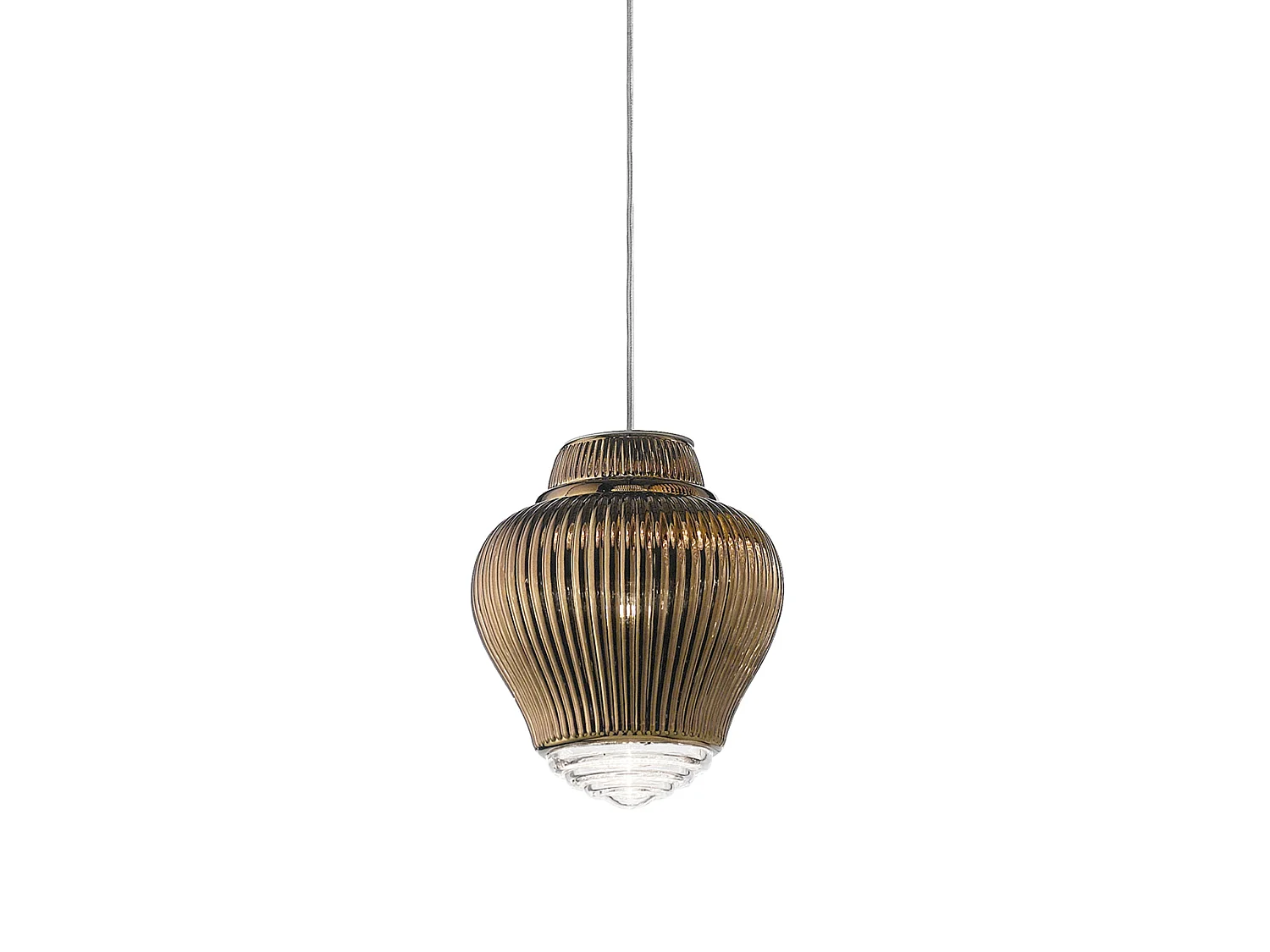 Clyde hanglamp van bronskleurig geblazen glas met Rigadin-afwerking, grijze metalen structuur en stoffen kabels, hoogte 315 cm, E27