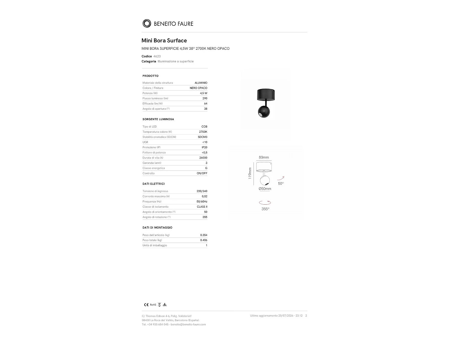 Mini Bora Surface 4,5 W 38° 2700 K Mat Sort - Justerbar sfærisk loftspotlight med høj farvegengivelse (CRI > 93) - Beneito & Faure