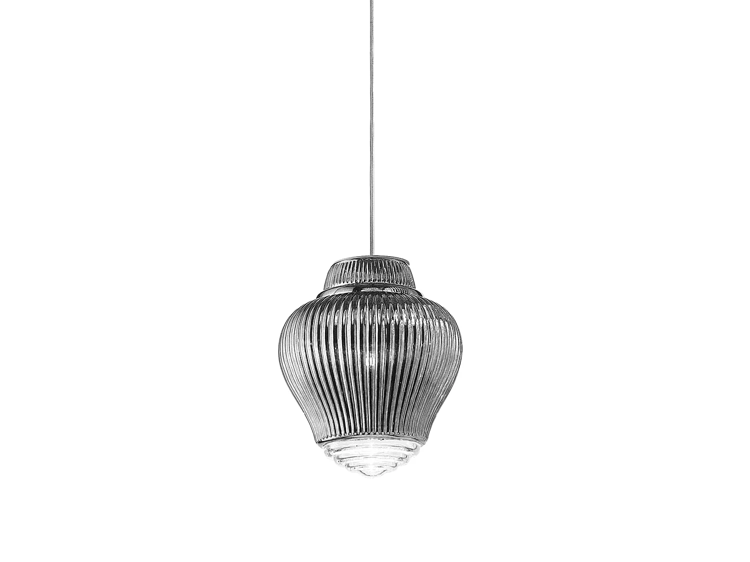 Clyde hanglamp van zilverkleurig geblazen glas, diameter 23 cm, rigadin reliëf, grijze metalen structuur, hoogte 315 cm