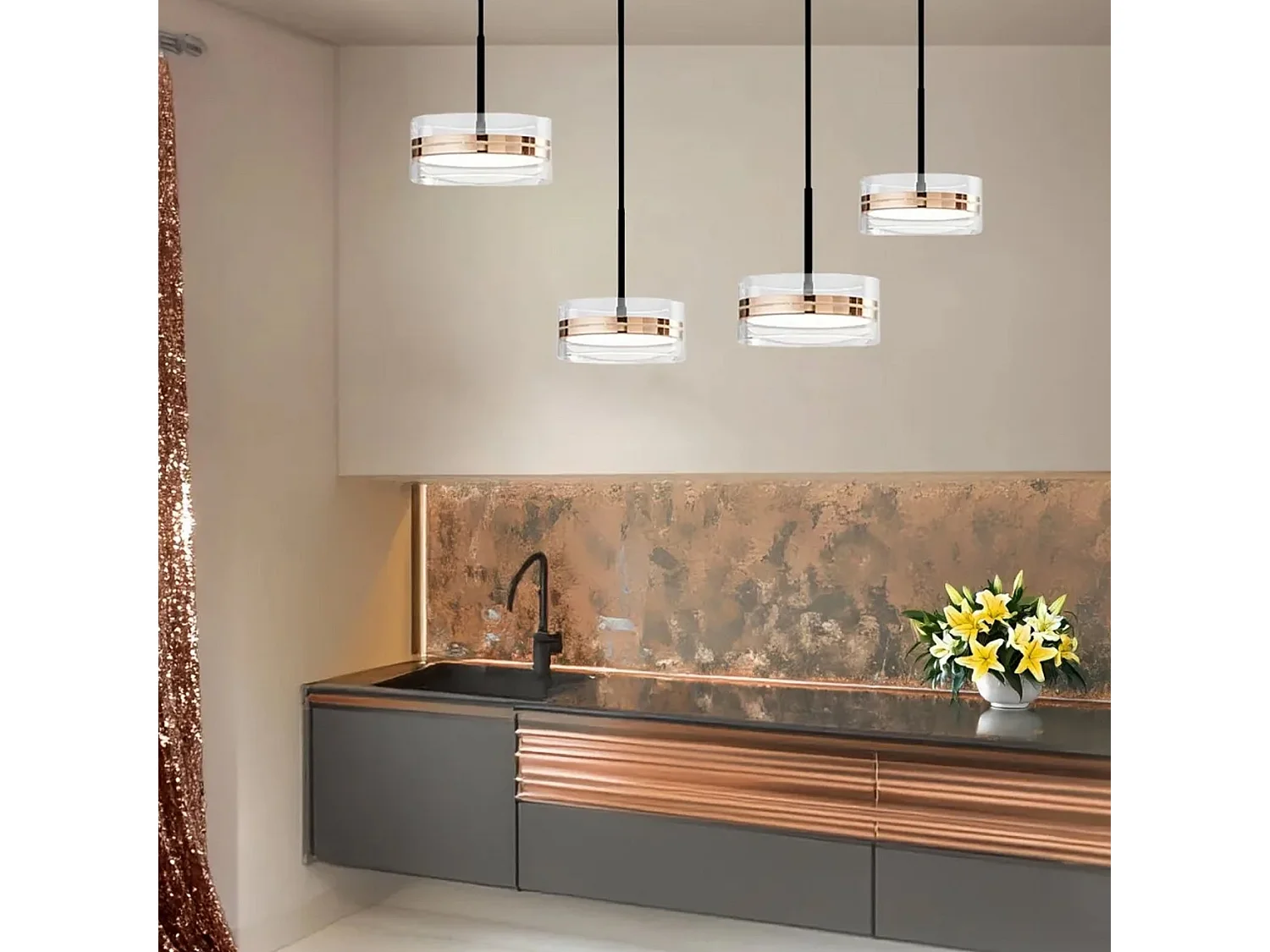 8217 Serie Hanglamp van Metaal en Glas, 4 LED-lampen 56W 4480lm 3000K, Glanzend Goud en Mat Zwart Afwerking, Modern Design - Perenz