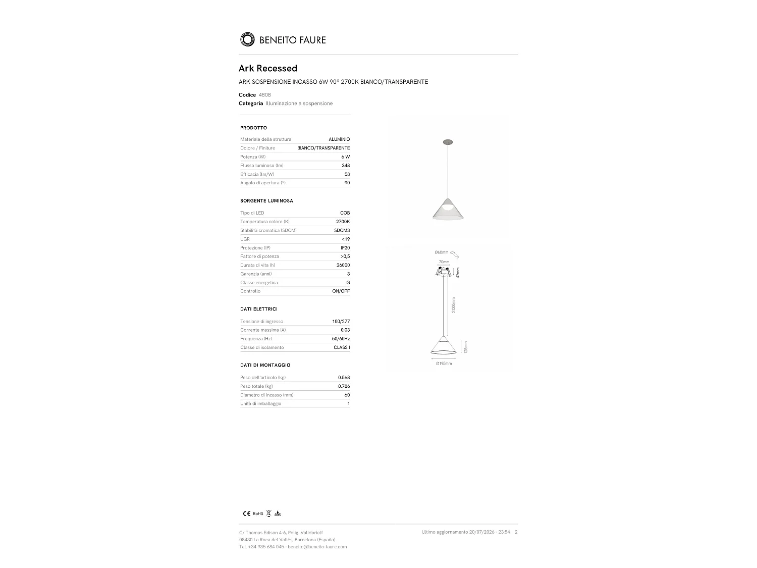 Ark LED-pendellampe fra Beneito & Faure, 6 W, 2700 K, 90° strålevinkel, hvid/transparent, konisk design til elegante interiører