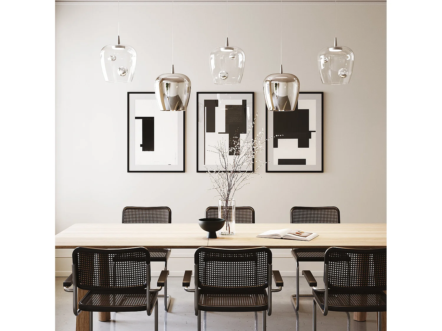 Zafferano Bilia Pendelleuchte, 230 V LED, 8 W, aus mundgeblasenem Borosilikatglas, Aluminium-Silber-Finish, Durchmesser 27 cm, Höhe 333 cm