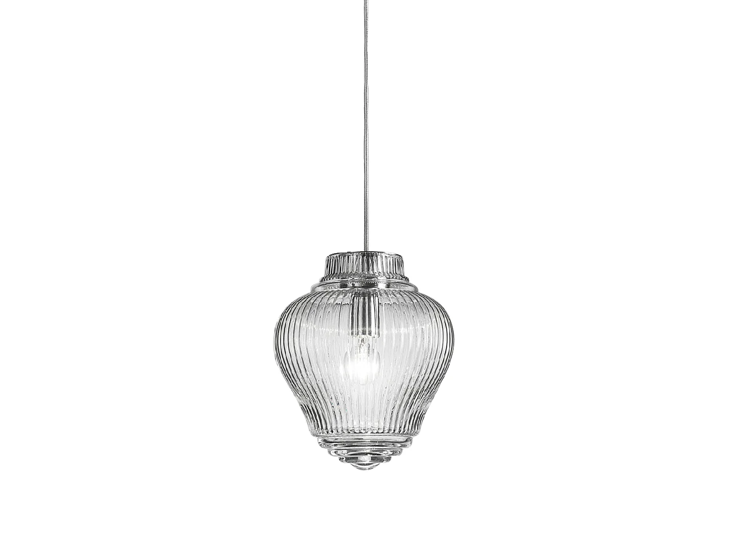 Clyde hanglamp van transparant geblazen glas met Rigadin-afwerking, grijze metalen structuur, hoogte 315 cm, E27 fitting, 70W
