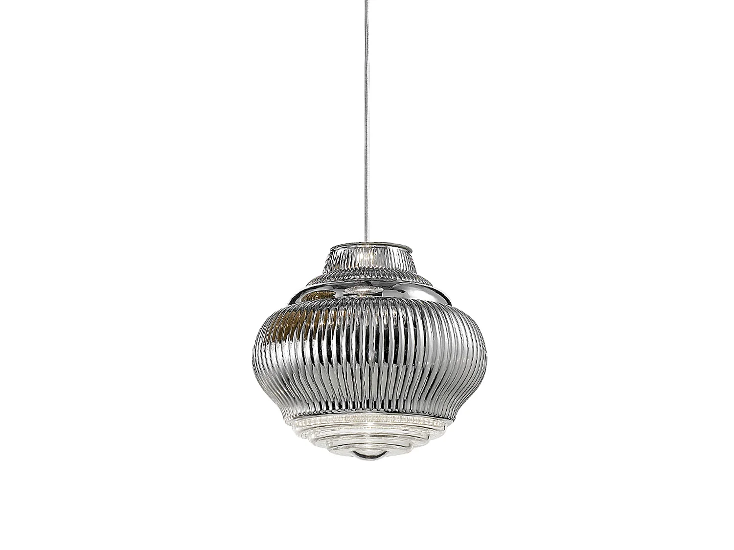 Bonnie hanglamp van geblazen glas met zilverkleurige reliëfafwerking, diameter 27,5 cm, hoogte 313 cm, met gelakte metalen structuur.