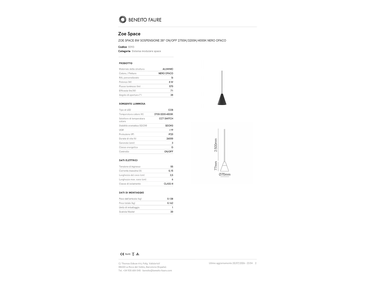 Beneito & Faure Zoe Space 8 pendellampe, 38° LED-spotlight med afbryder, CCT 2700K/3200K/4000K, elegant matsort finish - Beneito Faure