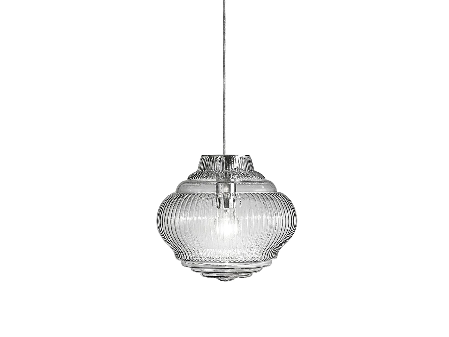 Bonnie hanglamp van transparant geblazen glas, Rigadin-afwerking, grijze metalen structuur, hoogte 313 cm, E27 fitting, perfect voor binnen.