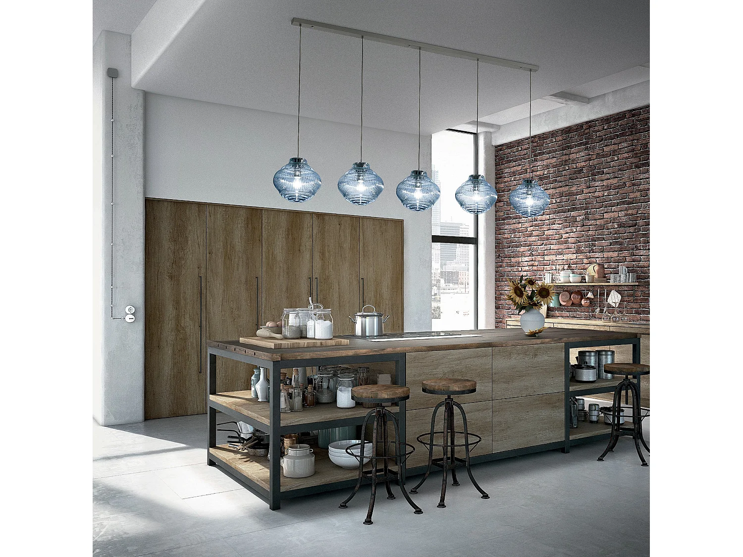 Bonnie hanglamp van transparant geblazen glas, Rigadin-afwerking, grijze metalen structuur, hoogte 313 cm, E27 fitting, perfect voor binnen.