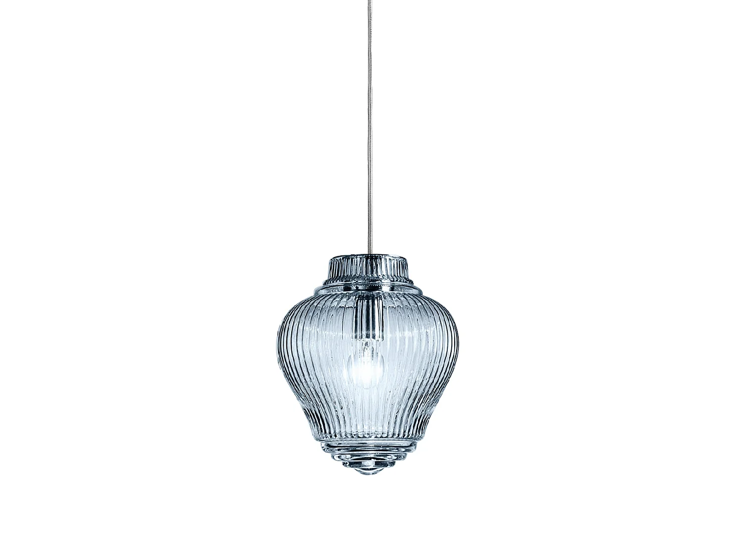 Clyde handgemaakte hanglamp van blauw geblazen glas met rigadin afwerking, grijze metalen structuur, diameter 23 cm, hoogte 315 cm