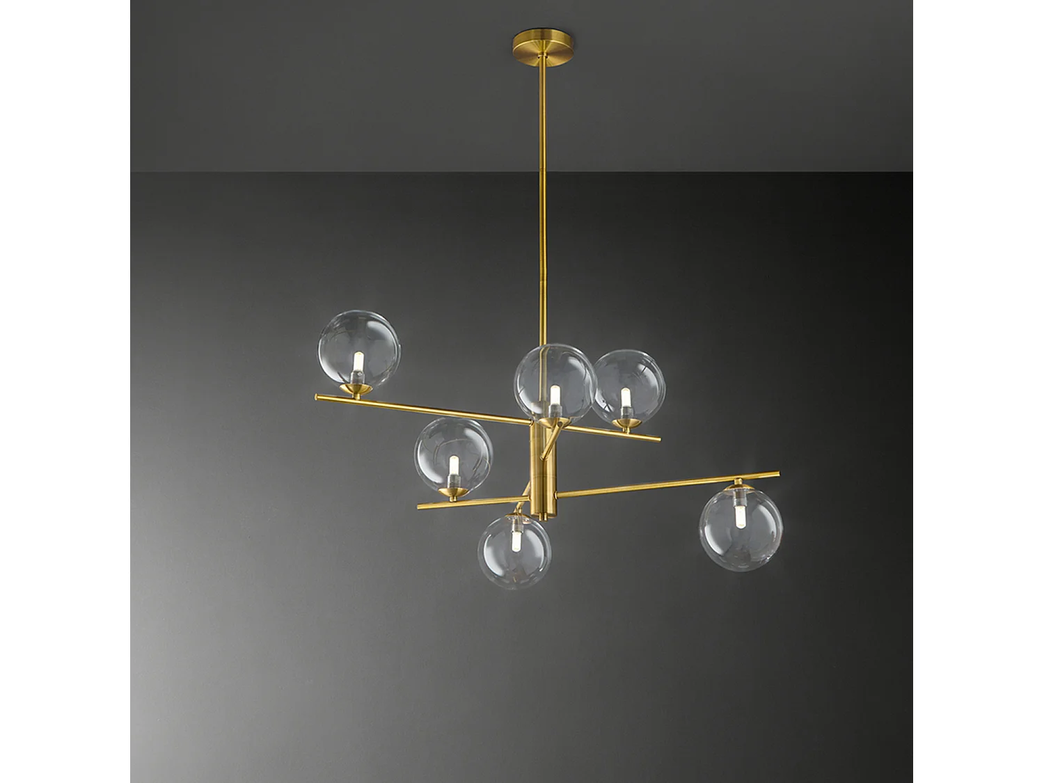 Verstelbare plafondlamp van metaal en aluminium met messing afwerking, 6 G9-lampen, modern design met glazen diffusers van borosilicaat - Perenz