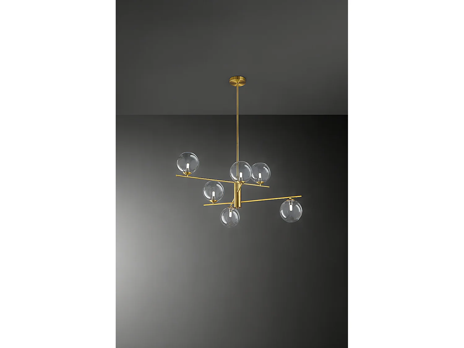 Plafonas Orientável em Metal e Alumínio Latão Brunido 6 Luzes G9, Design Moderno com Difusores em Vidro Borossilicato Transparente da Perenz