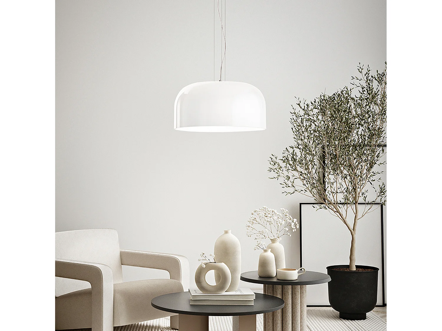 Hanglamp van opaalwit glas en gelakt metaal, diameter 50 cm, E27 fitting, moderne en minimalistische stijl voor interieurs, klasse I - Perenz