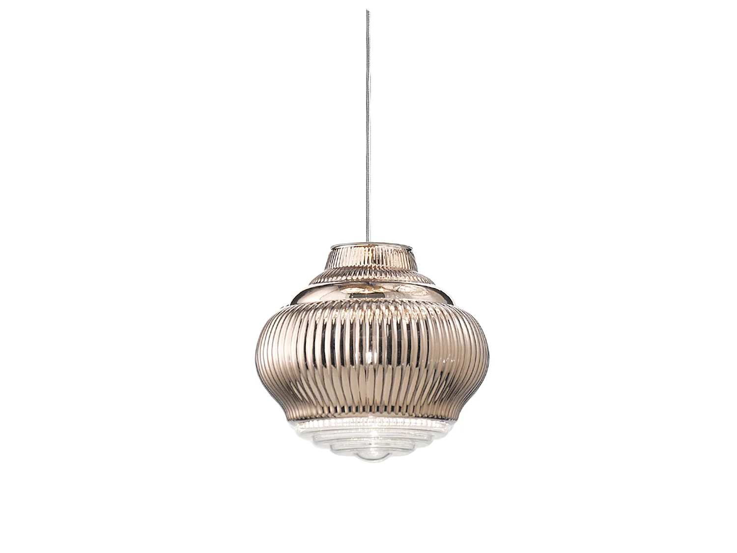 Bonnie hanglamp van geblazen glas met een roségouden afwerking, handgemaakt ontwerp met Rigadin-reliëf en een grijze metalen structuur.
