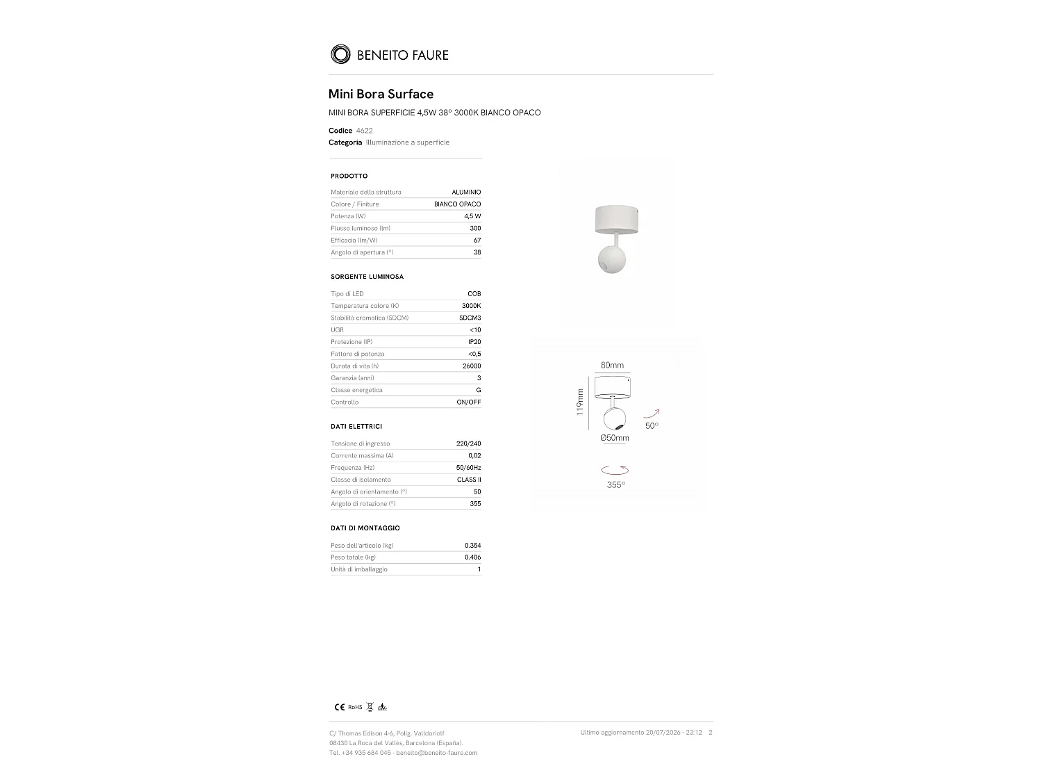 Mini Bora Surface 4,5 W 38° 3000 K Mat Hvid - Justerbar Sfærisk LED Loftspotlight - Beneito & Faure - Professionelt Design