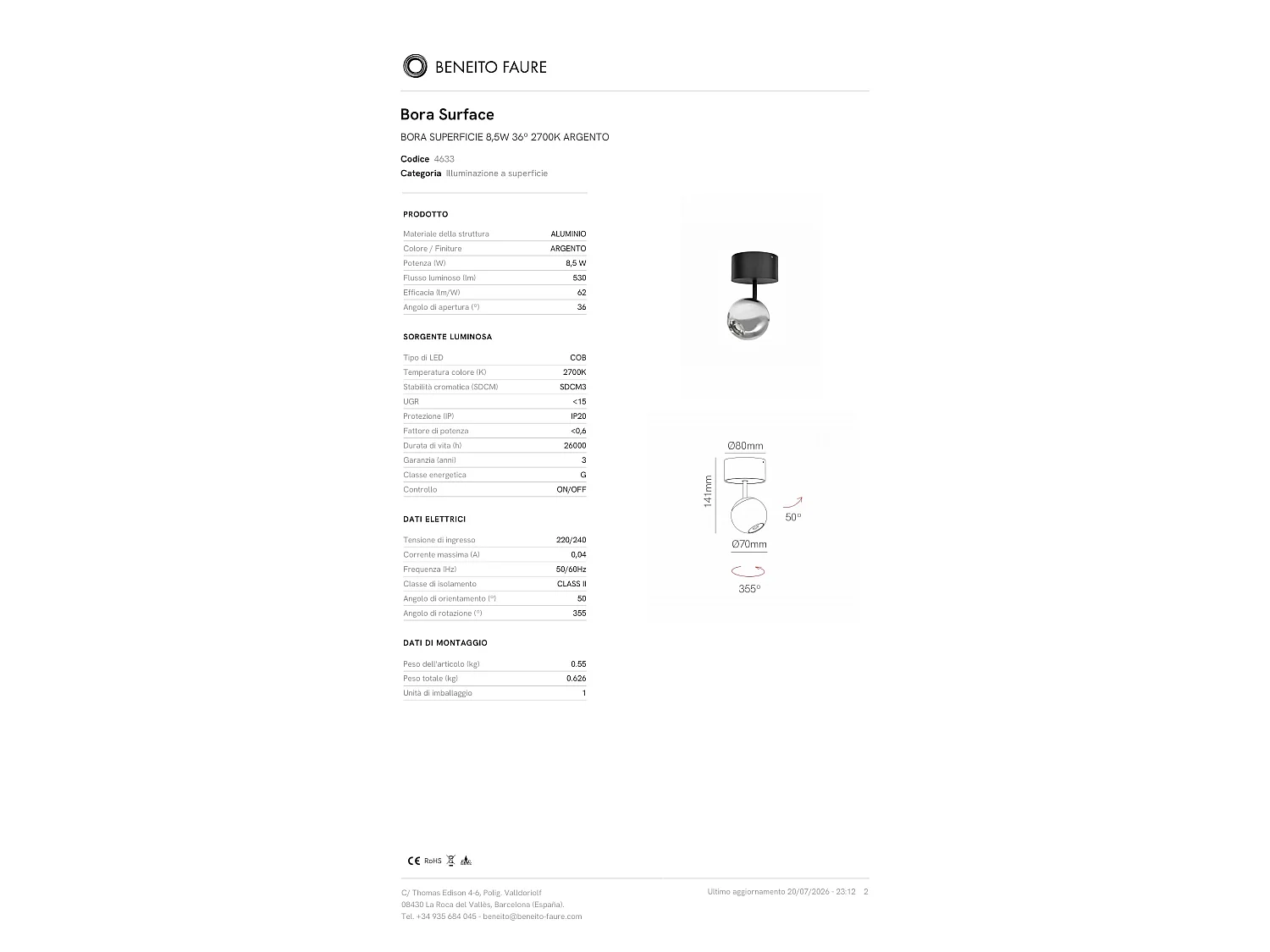 Bora Surface LED loftspotlight 8,5 W 36° 2700 K sølv, justerbar sfærisk spotlight med høj farvegengivelse - Beneito & Faure