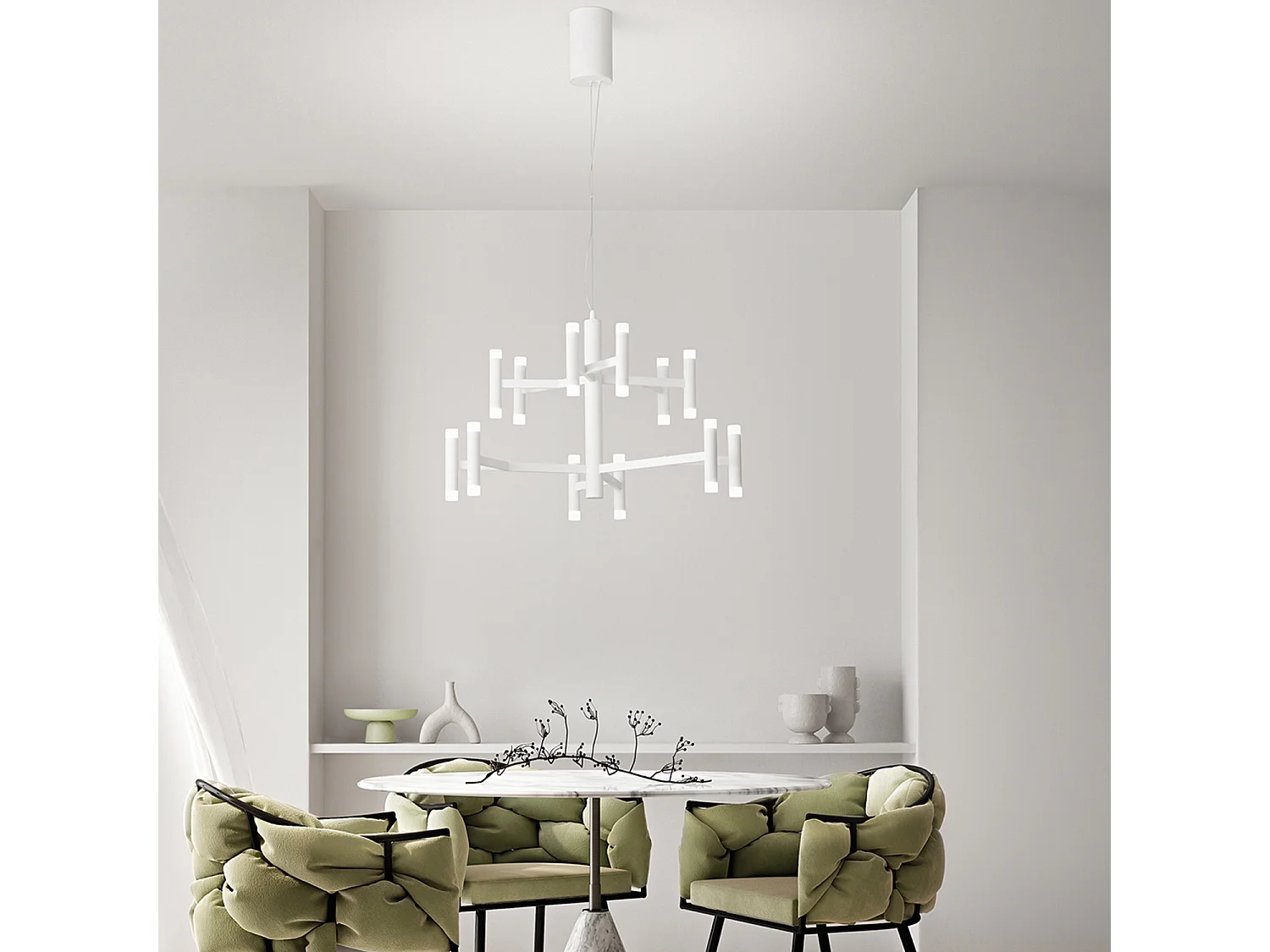 Candeeiro Suspenso LED 68W Branco Mate 3000K Regulável - Design Moderno em Metal e Acrílico Satinado para Interiores Minimalistas - Perenz