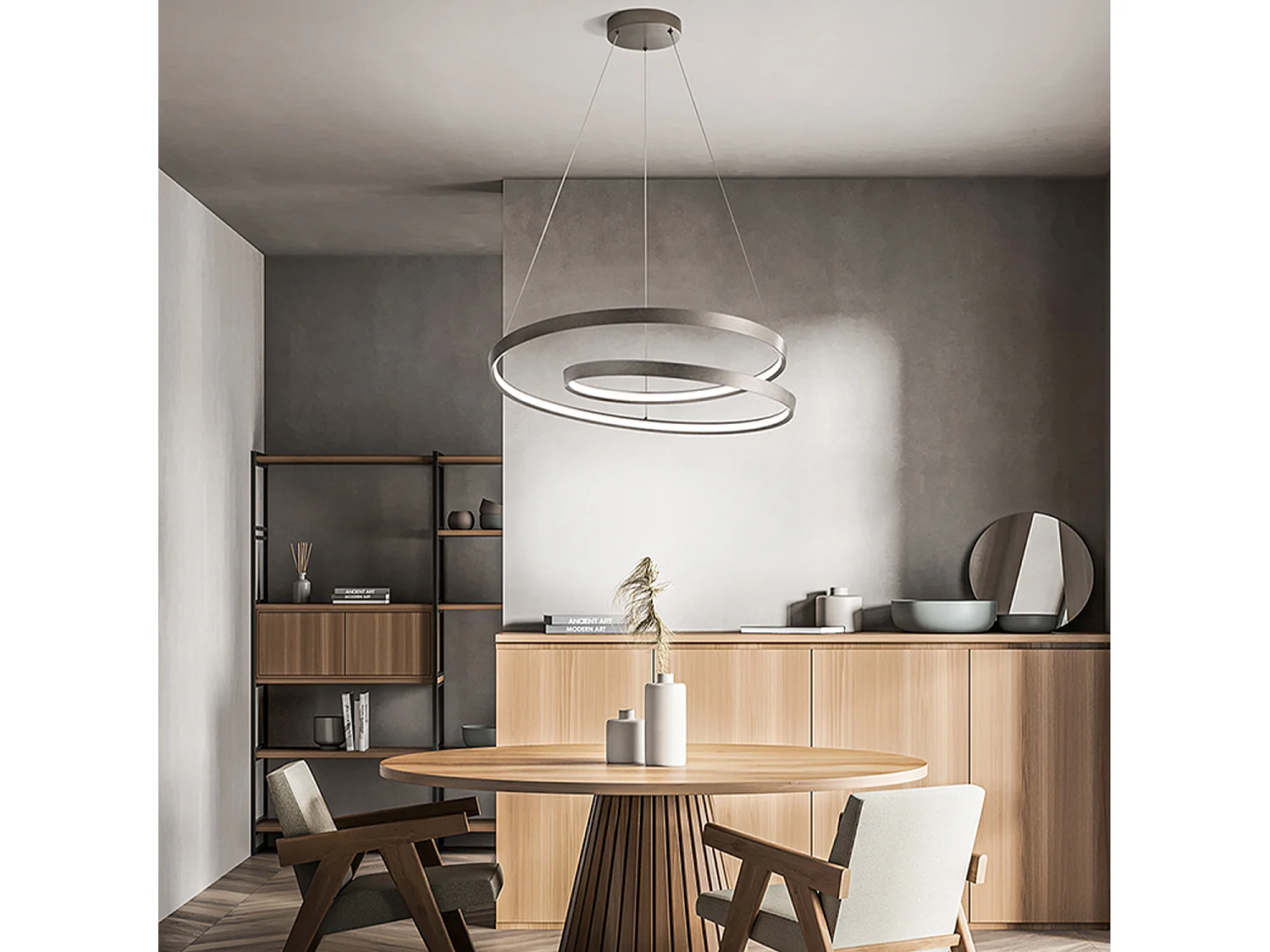 Candeeiro Suspenso LED 55W Circular CCT Regulável, Estrutura em Metal Cinza Escovado, Altura Ajustável, Design Moderno e Elegante da Perenz