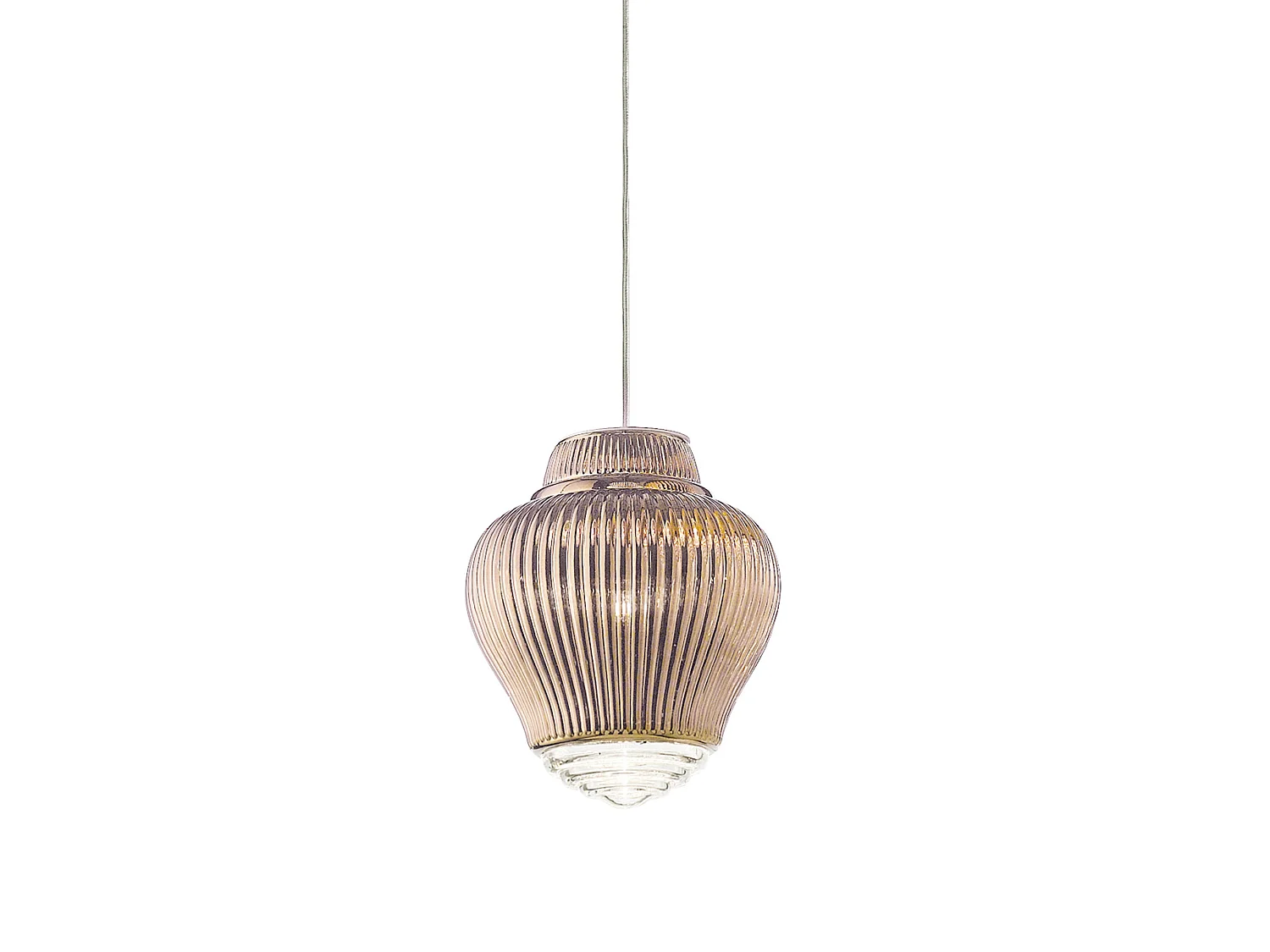 Clyde hanglamp van roségoudkleurig geblazen glas met Rigadin-afwerking en een grijze metalen structuur, in hoogte verstelbaar, modulair ontwerp.