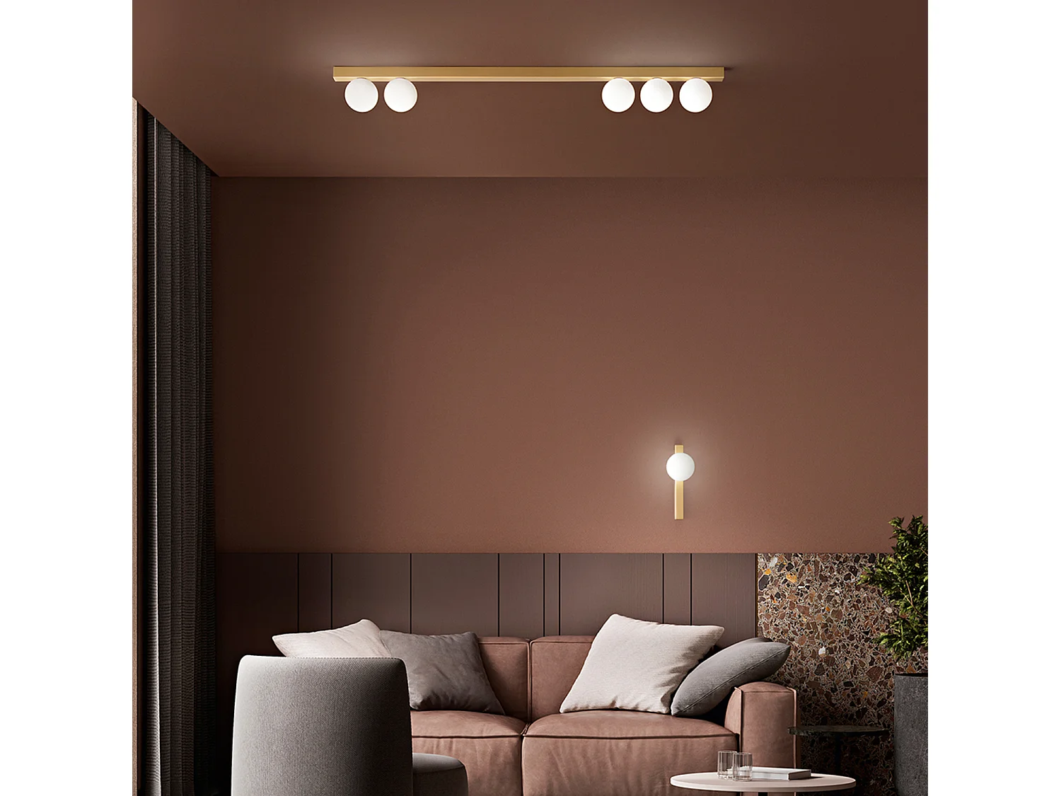 Plafondlamp 10S48482 in mat goudkleurig metaal met 5 bolvormige diffusers van wit, geëtst, geblazen glas - Modern en elegant design - Perenz