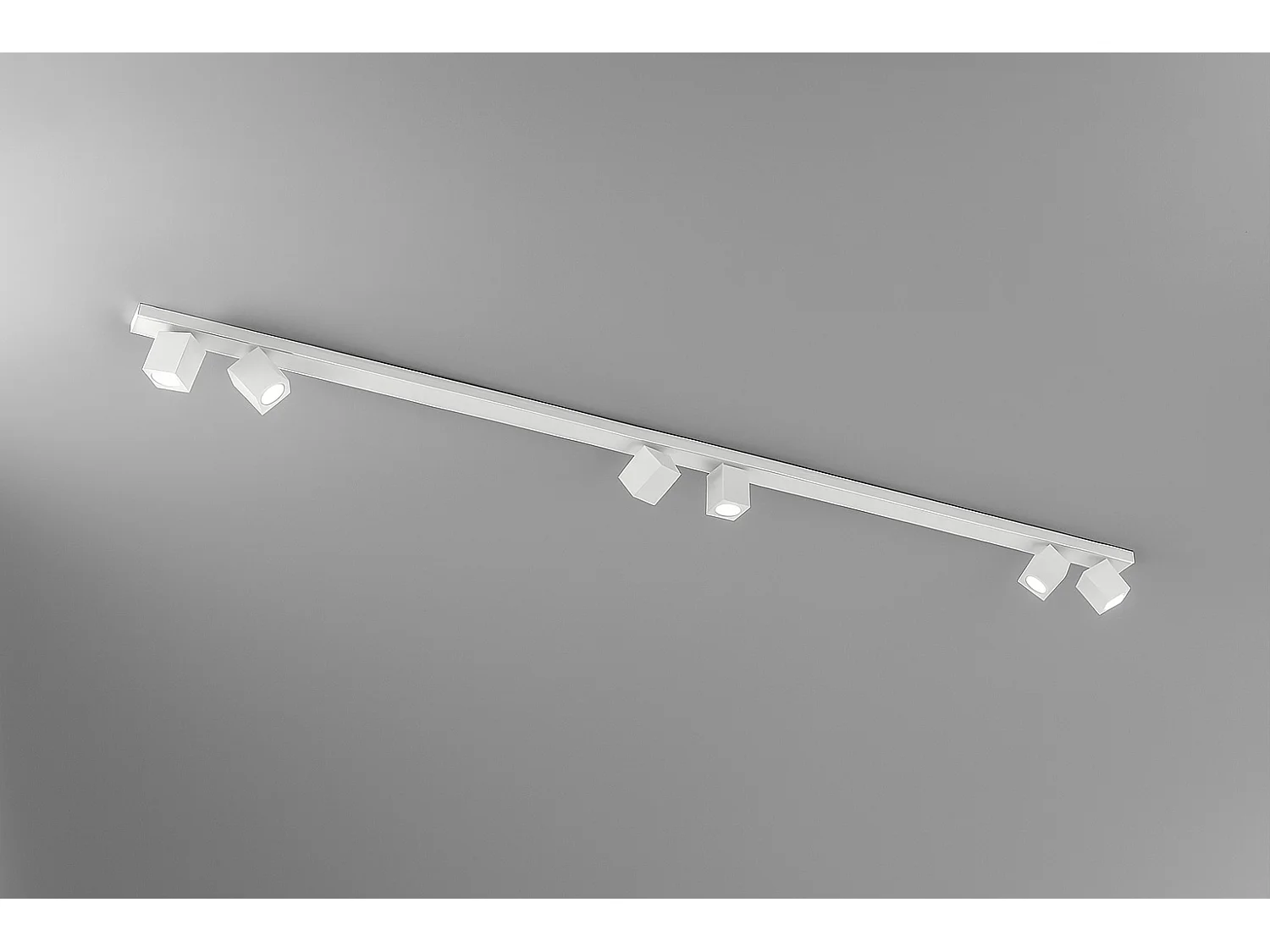 Plafondeira 6 Luzes Orientáveis Metal Branco Baço, Design Cúbico Moderno, Estrutura Alumínio 200cm, Casquilho GU10 Máx 50W - Marca Perenz oficial