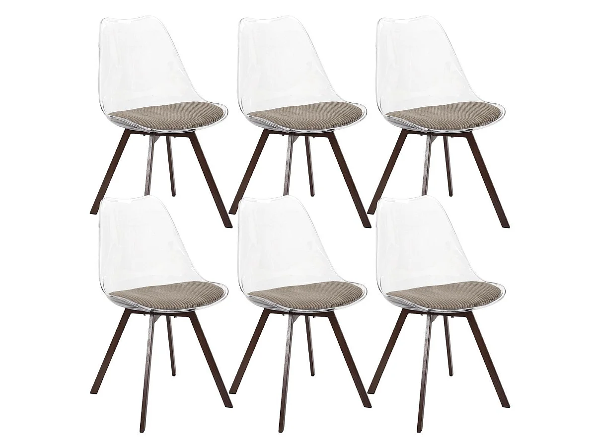 Lot de 6 chaises coque transparente coussin assise en velours côtelé taupe - MOARY