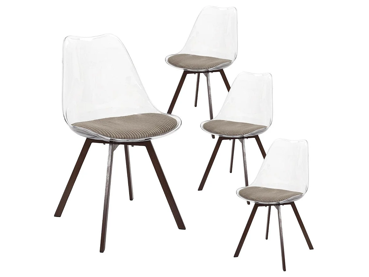 Lot de 4 chaises coque transparente coussin assise en velours côtelé taupe - MOARY