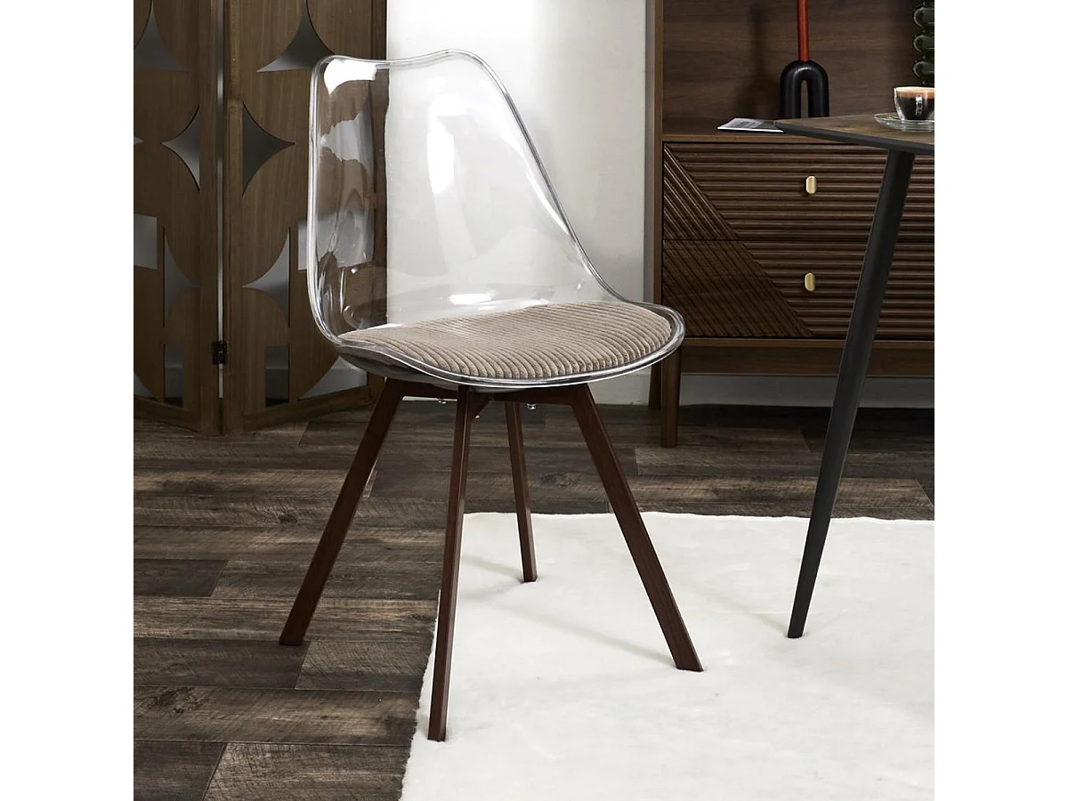 Lot de 4 chaises coque transparente coussin assise en velours côtelé taupe - MOARY