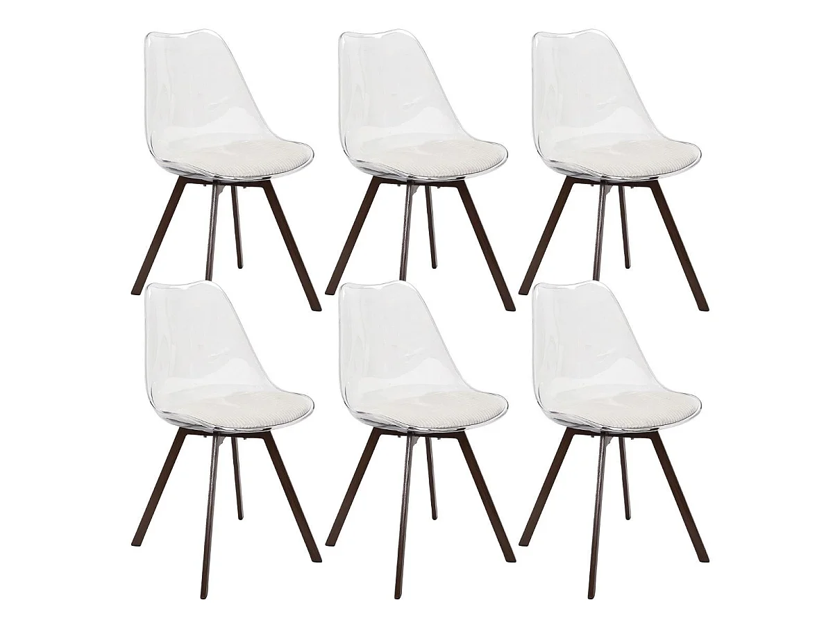 Lot de 6 chaises coque transparente coussin assise en velours côtelé crème - MOARY
