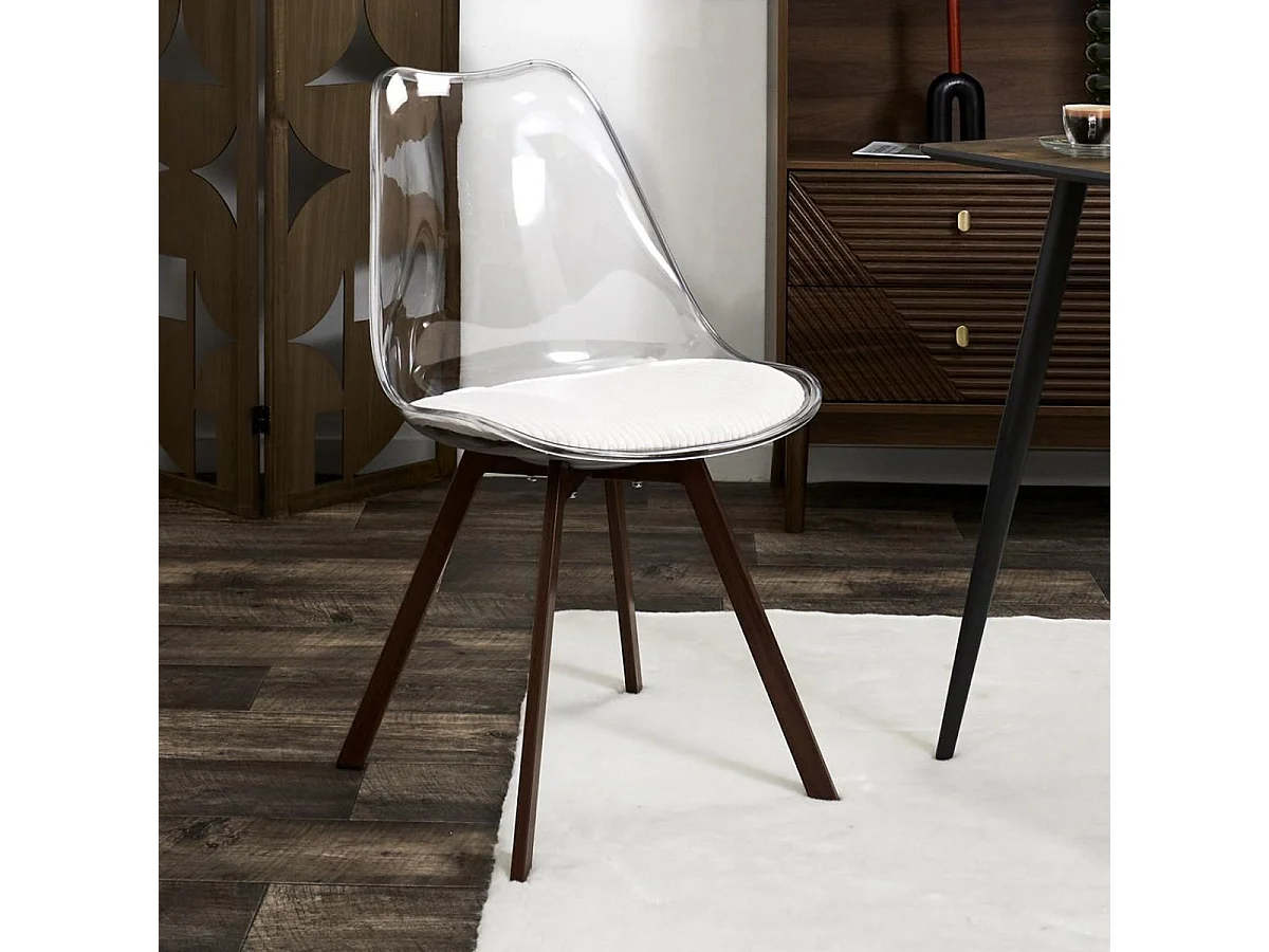 Lot de 4 chaises coque transparente coussin assise en velours côtelé crème - MOARY