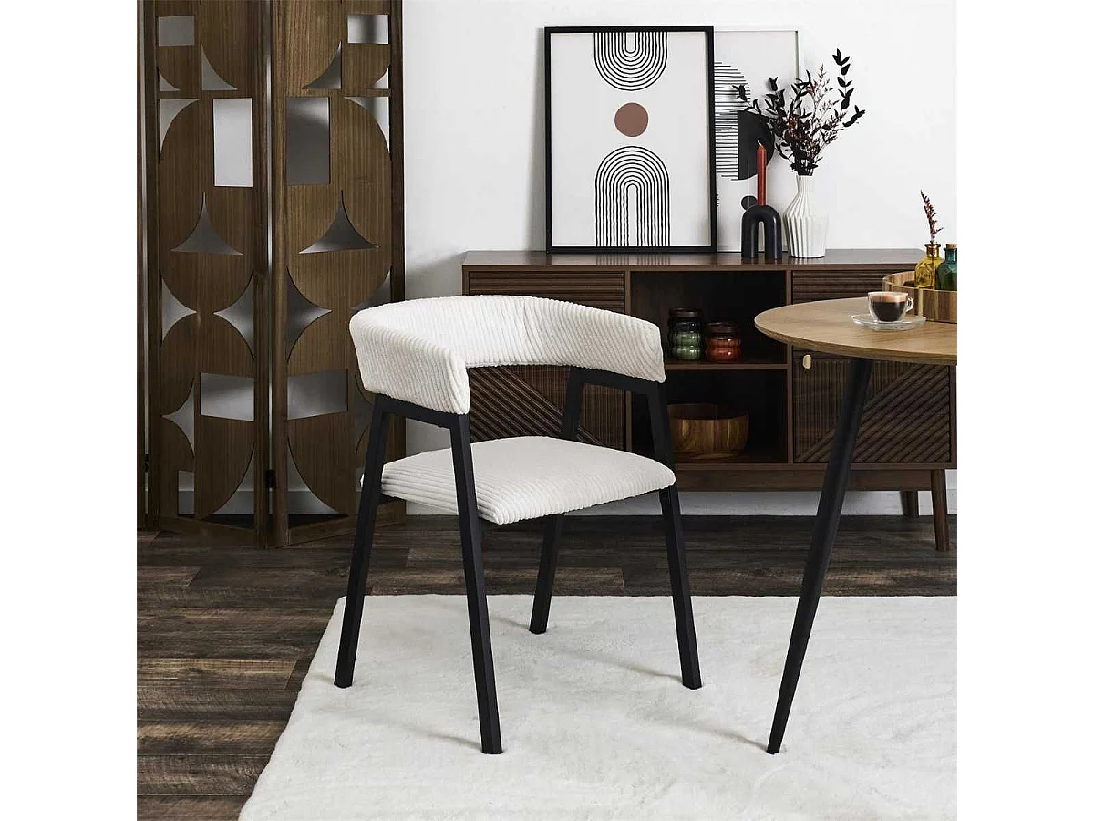 Lot de 6 fauteuils de table design en métal et velours côtelé coloris crème - AMORY