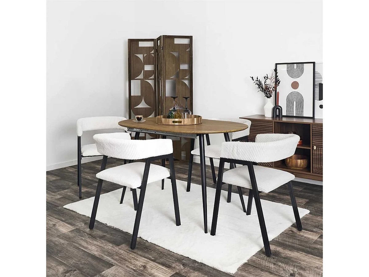 Lot de 6 fauteuils de table design en métal et velours côtelé coloris crème - AMORY