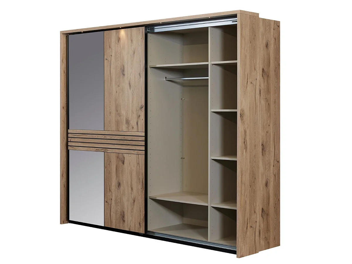 Chambre lit 160x200cm + tête de lit avec chevet et leds + armoire aspect bois et noir - NIKITA