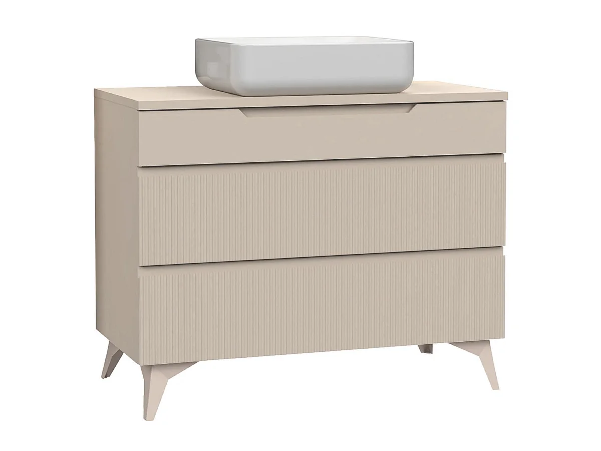 Meuble Vasque 100cm 3 tiroirs beige façades relief à stries verticales pieds métal - JANEIRO BEIGE