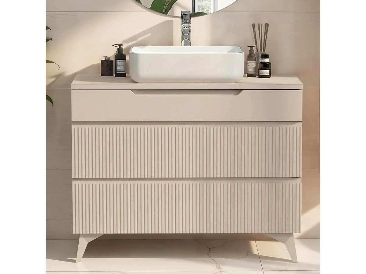 Meuble Vasque 100cm 3 tiroirs beige façades relief à stries verticales pieds métal - JANEIRO BEIGE