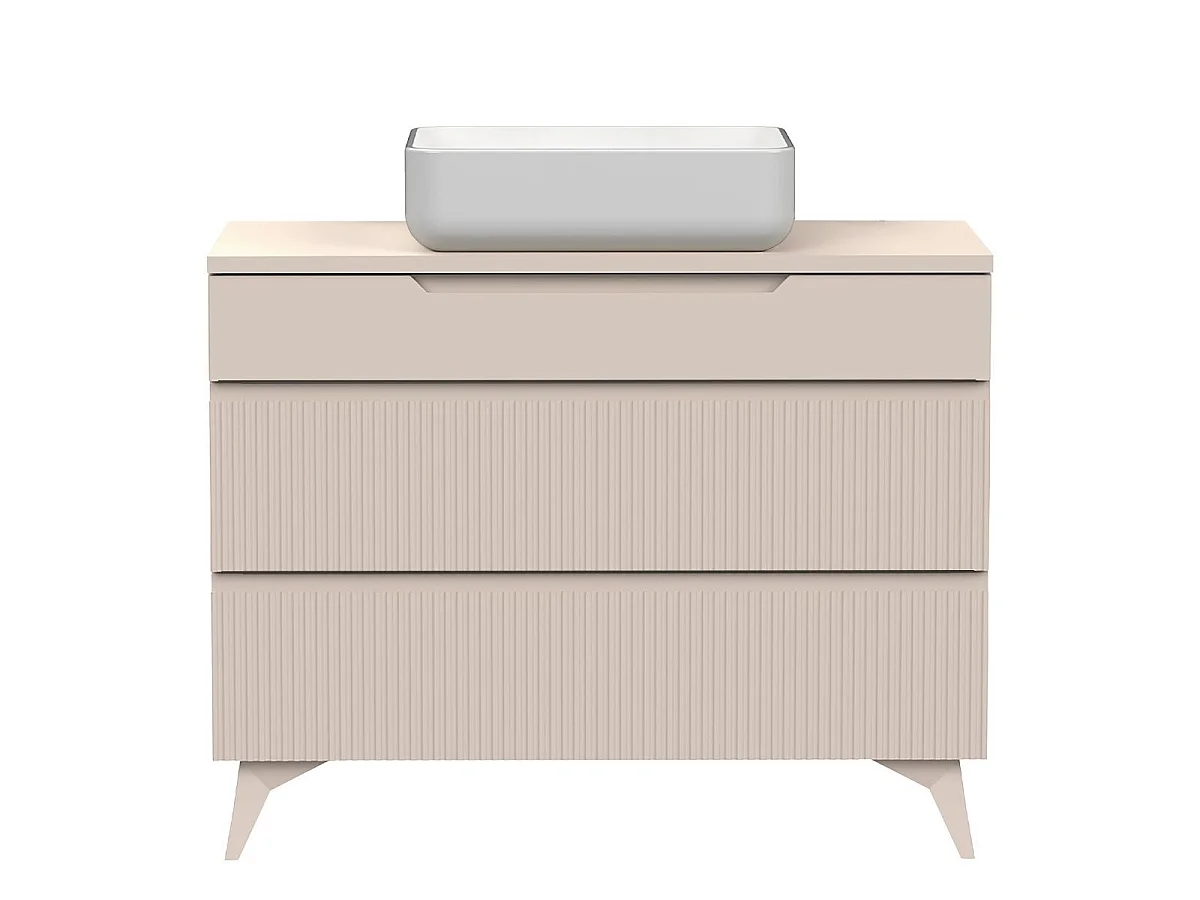 Meuble Vasque 100cm 3 tiroirs beige façades relief à stries verticales pieds métal - JANEIRO BEIGE