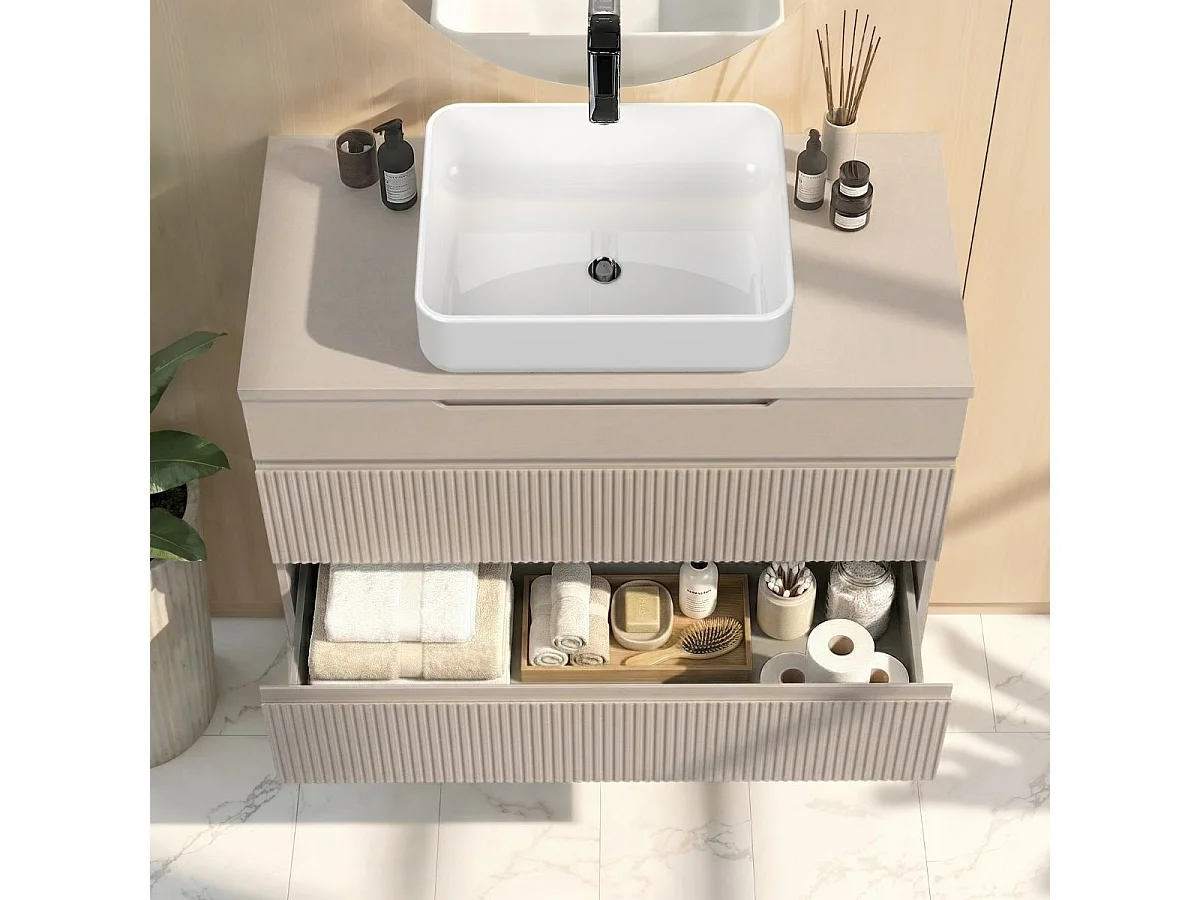Meuble Vasque 100cm 3 tiroirs beige façades relief à stries verticales pieds métal - JANEIRO BEIGE