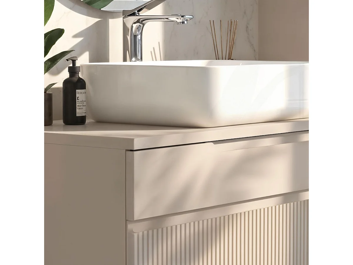 Meuble Vasque 100cm 3 tiroirs beige façades relief à stries verticales pieds métal - JANEIRO BEIGE