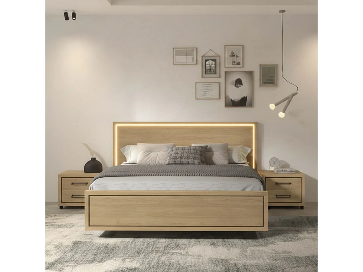 Ensemble Lit 160x200cm avec éclairage led + 2 chevets aspect bois et noir - LUDY