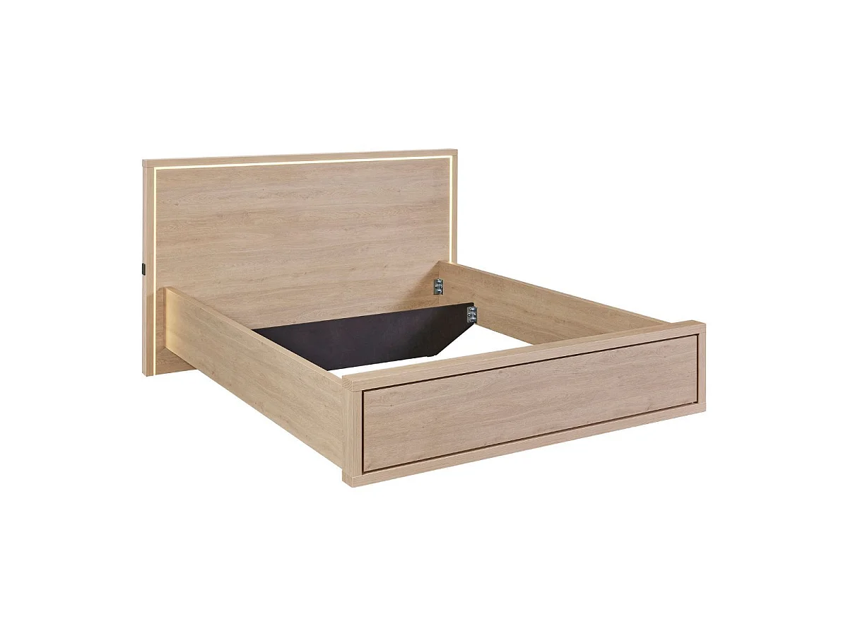Ensemble Lit 160x200cm avec éclairage led + 2 chevets aspect bois et noir - LUDY