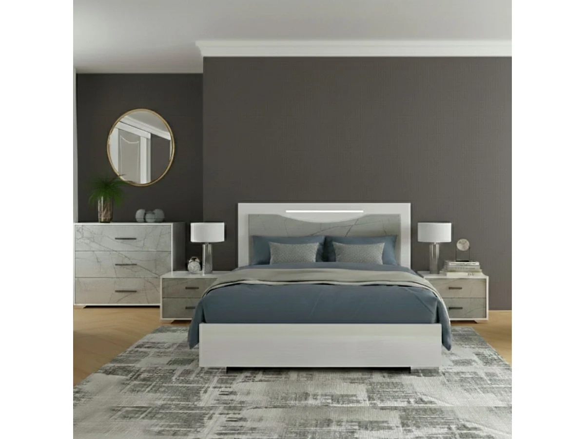 Ensemble Lit 140x190cm + 2 chevets + commode blanc et imitation marbre - GENESIS