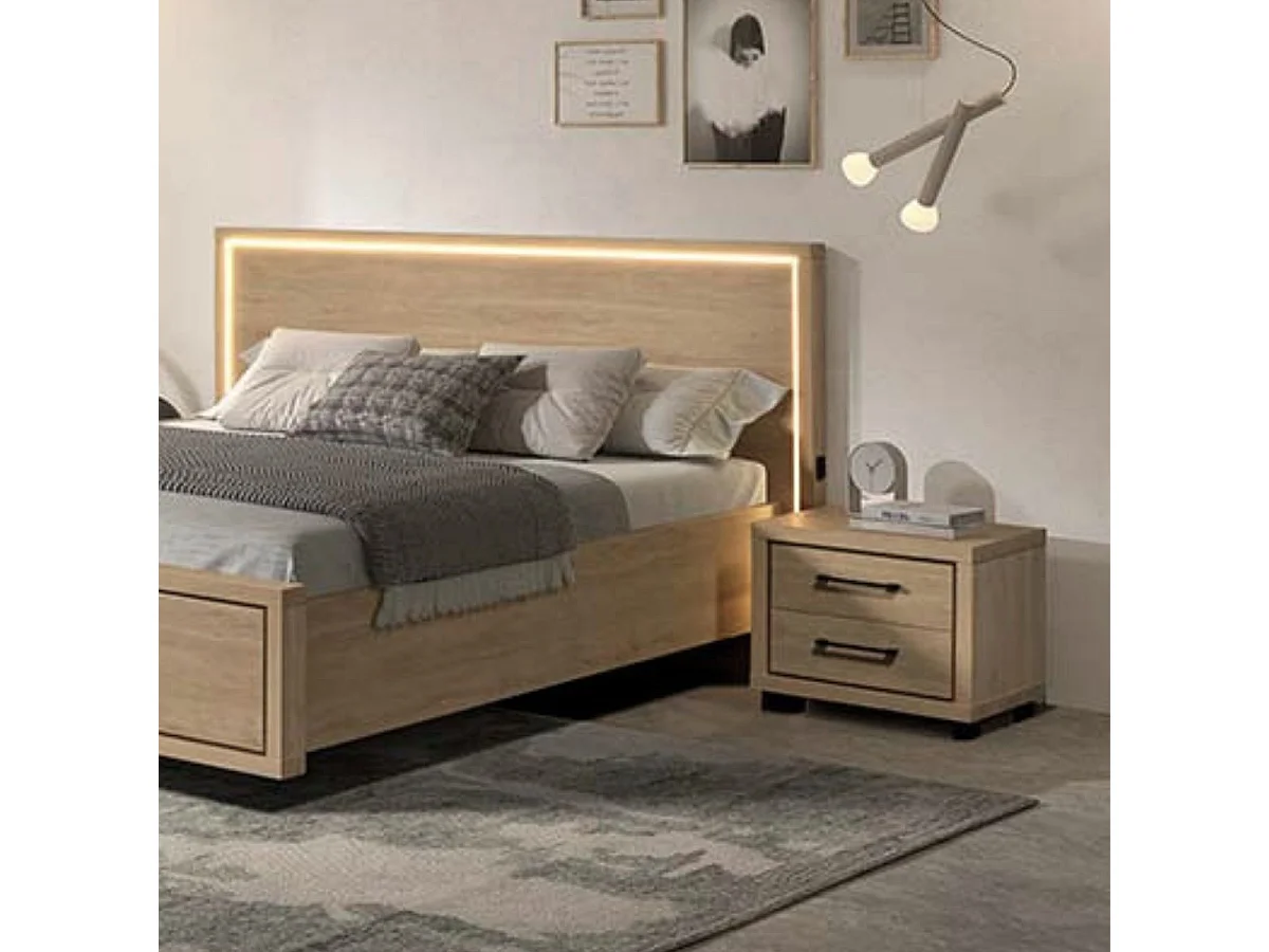 Ensemble Lit 140x190cm avec éclairage led + 2 chevets aspect bois et noir - LUDY