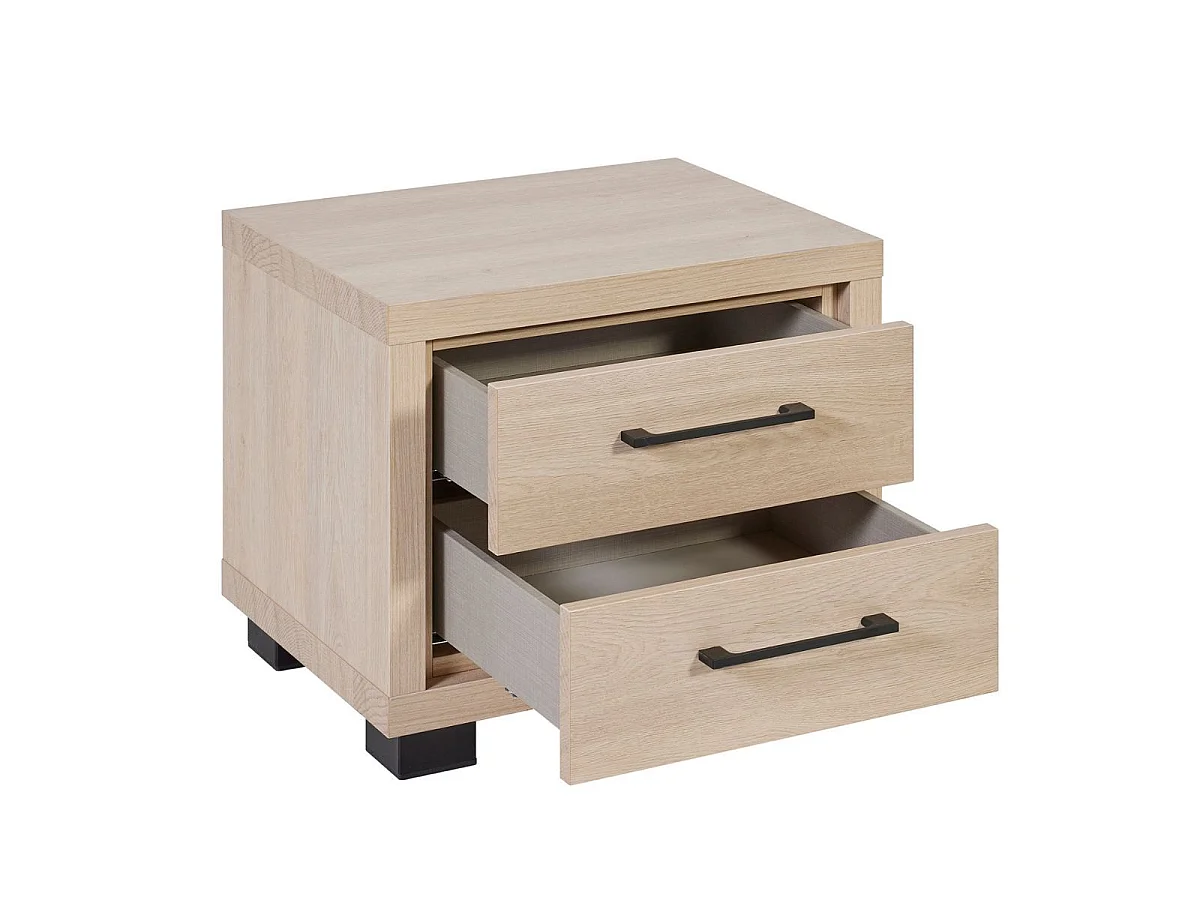 Ensemble Lit 140x190cm avec éclairage led + 2 chevets aspect bois et noir - LUDY